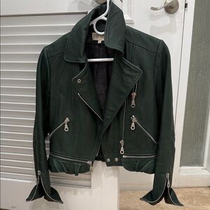 Kenzo Dark Green Leather Jacket with Silver Zippers